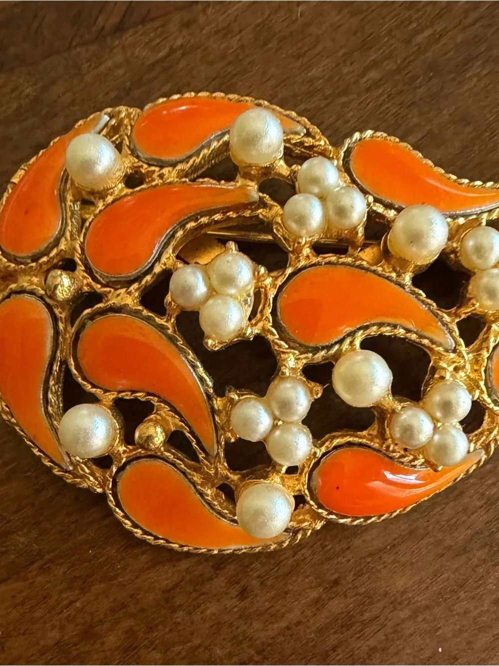 Gold-Tone Lucite Orange/ Coral Enamel & Pearl Leaf Brooch - Women Jewelry